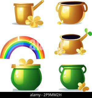 Stelle eine Vektordarstellung der Goldmünzen ein, indem du den magischen Topf auf weißem Hintergrund löst Stock Vektor