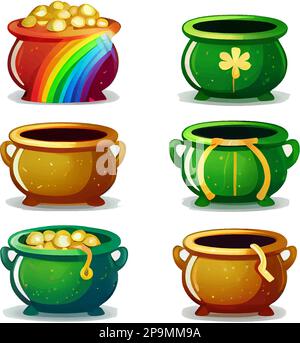 Stelle eine Vektordarstellung der Goldmünzen ein, indem du den magischen Topf auf weißem Hintergrund löst Stock Vektor