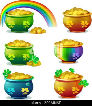 Stelle eine Vektordarstellung der Goldmünzen ein, indem du den magischen Topf auf weißem Hintergrund löst Stock Vektor