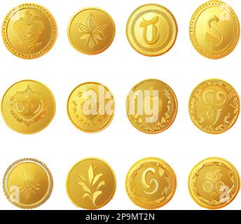 Legt die Vektordarstellung von Goldmünzen auf weißem Hintergrund fest Stock Vektor