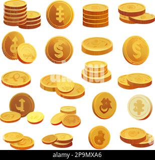 Legt die Vektordarstellung von Goldmünzen auf weißem Hintergrund fest Stock Vektor