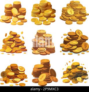 Legt die Vektordarstellung von Goldmünzen auf weißem Hintergrund fest Stock Vektor