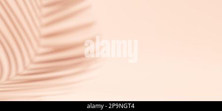 Langes Banner mit Blumenmuster und natürlichen Palmenschatten auf pastellfarbenem Hintergrund. Ästhetische Sonnenlicht-Schattensilhouette Stockfoto