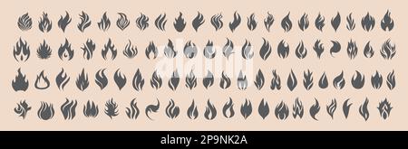 Eine Reihe von Piktogrammen zeigt Symbole zum Thema Feuer. Das Bild zeigt helle flammende Piktogramme, die Feuer und seine Eigenschaften symbolisieren - c Stock Vektor