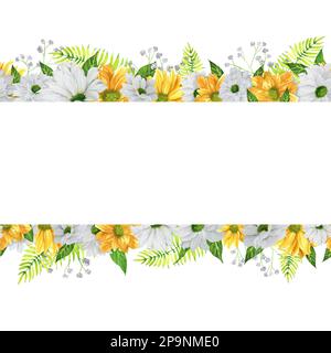 Handgezeichnete Aquarelle, nahtlos mit Gartenblumen umrandet: Chrysanthemen, Zigeuner und Farn. Ein kleiner Teil des großen VOGELGARTENS Stockfoto