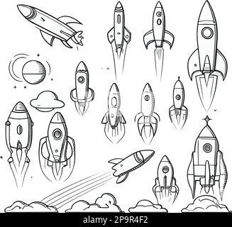 vektorset-Illustration im Cartoon-Stil einer Rakete Stock Vektor