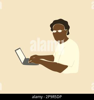 Abstrakter afrikanischer Mann mit Laptop, Afro-schwarzer Mann mit Brille, der am Computer arbeitet. Vektorgrafik, zeitgenössische Kunst, flaches Design Stock Vektor