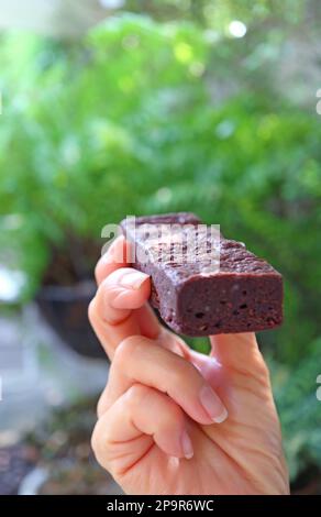 Hand mit einem schmackhaften Schokoladen-Brownie mit verschwommenem Garten im Hintergrund Stockfoto