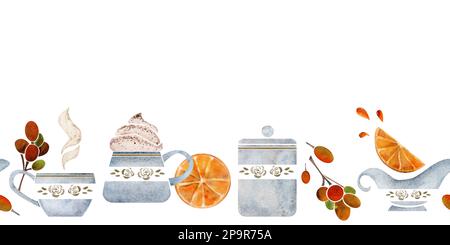 Von Hand gezeichnetes horizontales nahtloses Banner in Aquarellfarben mit Kaffeetassen, Blättern, Bohnen, Sahne, Orangenscheiben. Isoliert auf weißem Hintergrund. Für Einladungen Stockfoto