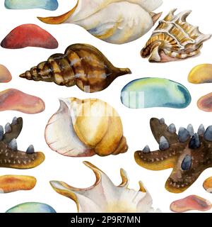 Handgezeichneter Strand in Aquarellfarben mit verschiedenen bunten Meeresgläsern, Muscheln und Seesternen. Nahtloses Muster. Isoliert auf weißem Hintergrund. Wandbild, Hochzeit, Druck Stockfoto