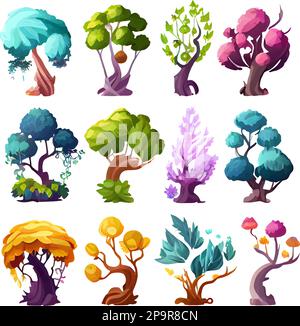 vektorset-Illustration im Cartoon-Stil eines magischen mystischen Baumes Stock Vektor