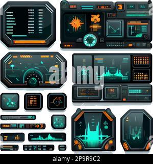 vektorset-Illustration im Cartoon-Stil des Spiels Sci-Fi Digital Interface Elements Stock Vektor