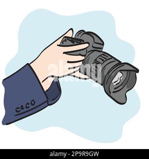 Nahaufnahme eines Geschäftsmanns mit dslr-Kamera, der einen Vektor hält, isoliert auf weißem Hintergrund gezeichnet. Stock Vektor