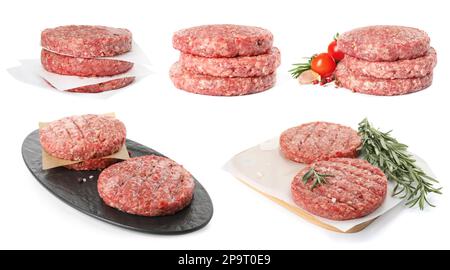 Mit frischen, rohen Burgerpasteten auf weißem Hintergrund Stockfoto