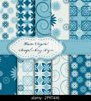 10 verschiedene nahtlose Vektormuster-Kacheln. Farbe: Blau, Cyan und Weiß. Endlose Textur kann zum Bedrucken von Stoff und Papier verwendet werden. Form von Stock Vektor