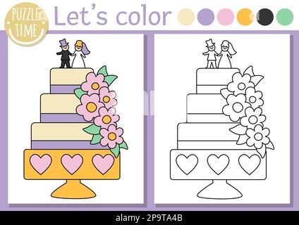 Malseite für Kinder mit süßer Hochzeitstorte, dekoriert mit Blumen, Braut und Bräutigam. Farbbuch für Vektorhochzeiten für Kinder mit farbigem E Stock Vektor