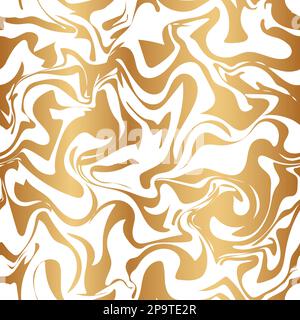 Goldener Marmoreffekt. Gold-Flüssigkeit färbt nahtlose Musterränder. Zartes Gitter. Eleganter, flüssiger Hintergrund. Wiederholte zarte Spritzer. Design-Material Stock Vektor