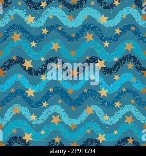 Nahtloses Muster in Sterngold. Türkisfarbene Hintergrundfarbe mit goldenen Sternen. Blaue grüne Textur. Türkisfarbenes Muster. Pinselstriche mit Farbe blotten. Abstraktes Cyan Stock Vektor