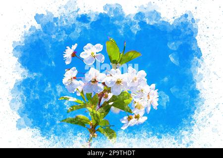 Ein Gemälde eines Baumes mit weißen Blumen. Wasserfarben-Frühlingskonzept. Stockfoto