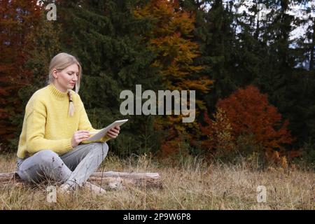 Junge Frau, die im Herbst im Wald mit einem Grafiktablett malt Stockfoto