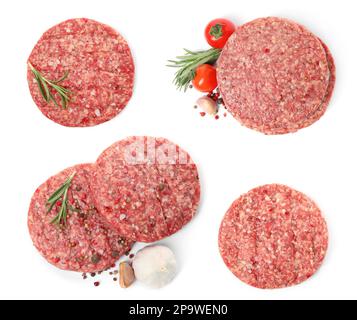 Set mit frischen, rohen Burgerpasteten auf weißem Hintergrund, Draufsicht Stockfoto