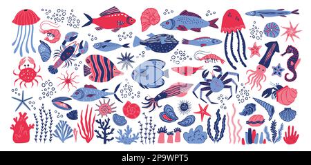 Meerestiere, Muscheln und Muscheln, süße Korallen und Fische. Wunderschöne tropische Unterwassermuscheln, farbenfrohe Seetang- und Algenklitschen, die Seesterne-Silhouetten zeichnen. Kindische Dekorationsvektoren, isolierte Illustration Stock Vektor