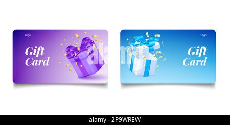 €3D-Bonus. Bonuskarte. Moderner Geschenkgutschein. Präsentbox und Konfetti. Kundenloyalität. Sonderangebot. Werbeaktion für Ladenverkauf. Designvorlage für Rabattgutscheine. Vector Realistic Promo-Flyer-Set Stock Vektor