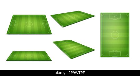 Fußballspielplatz. Fußballfeldseiten. Realistische Randlinien. Hintergrund des Trainings-Pitch-Tisches. 3D Wettkampfstadien eingerichtet. Grün gestreifter Rasen. Sportarena. Vektor-isolierte Darstellung Stock Vektor