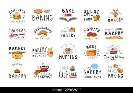 Traditionelles Kuchen-Logo. Bio-Bäckerei-Emblem. Brezel und Donut. Cookie-Shop-Logo für Marketing. Gourmet-Etikettendekoration. Cupcake backen. Pfannkuchen und Brot. Symbole für Vektordarstellung für Gebäck festgelegt Stock Vektor