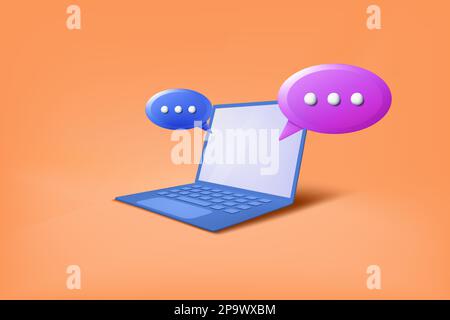 3D Laptop-Symbol. Sprechblase im Notizbuch. Rendern des Diskussionsbildschirms. Sprechblase für Web-Chats. Online-Gespräche. Digitale Kommunikation. Internet-Messenger. Computertechnik. Konzept der Vektordarstellung Stock Vektor