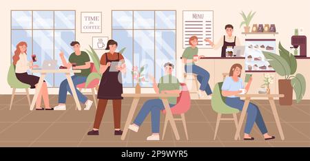 Der Barista arbeitet im Café, die Leute trinken. Personen mit Laptop-Computer auf dem Tisch, isolierte Figuren im Kaffeehausstil. Mann und Frau im Restaurant. Barista und Verkäufer. Vektordarstellung Stock Vektor