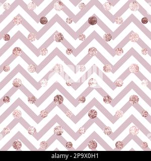 Rosafarbene Folie mit nahtlosem Muster. Rosengoldpunkte. Chevron-Zickzack-Textur. Glitzernder unregelmäßiger Punkt. Goldene Rosen verstreuen glitzernde Punkte. Zufällige Modekreise Stock Vektor