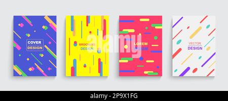 Geometrische Grafikplakate, Musikmuster. Minimale farbige Punkte und Linien in dynamischer Bewegung, Buch- oder Notizbuch-Cover-Sammlung, Markenkarte, kreativem Katalog oder Flyer. Vorlage für Vektorhintergrund Stock Vektor