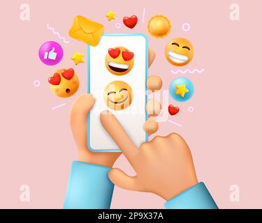 3D Smartphone mit Handgriff, Gerätebildschirm mit Emoji-Symbolen, glänzende Renderelemente. Kreative Freunde lächeln, Emoticons für Marketingplakate und -Technologien, lächelnde Emoticon-Vektoren kreative Illustration Stock Vektor