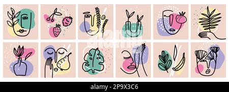 Abstrakte Strichkunst Gesichter, Blätter und Blumen. Moderne Leute, Porträt, Schönheitsfrauenkopf, Doodle-Figuren. Kartensammlung oder Poster. Minimale farbige Formen und Linien, grafische Vektorsymbole Stock Vektor