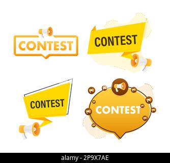 Megafon-Beschriftungsset mit Textwettbewerb. Megafon-in-Hand-Werbebanner. Marketing und Werbung Stock Vektor