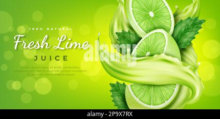 Limette im Spritzer, grüner Saft Poster. Zitronencitrus, Promo-Webbanner für frische Fruchtgetränke, realistische kalte Tropfen in der Natur, Minzblätter. Zitrusflüssigkeit in Bewegung 3D isolierte Elemente. Vektorhintergrund Stock Vektor