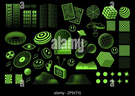 Y2K-Gitterformen, Geometrie-Drahtmodelle. Coole Acid-Rave-Rahmen, Cyber- und psychedelische Neon-Technik im Retro-Look. Isolierte Dekorelemente. Modernes futuristisches Design. Trendige geometrische Elemente. Vektormuster Stock Vektor