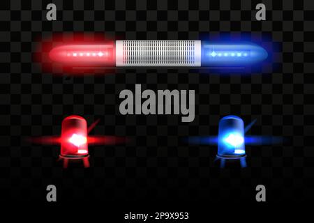 3D Alarmlampen. Verkehrsirenen. Ambulanz- oder Polizeilampen. Rot und blau blinkende Notsignalleuchte. COP-Autolaterne mit Leuchtreflexion. Dunkler transparenter Hintergrund. Vektorrealistische Objekte festgelegt Stock Vektor