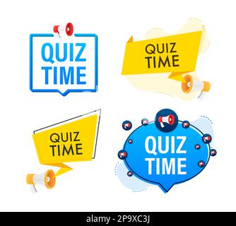 Megafon-Beschriftungsset mit Text Quiz-Zeit. Megafon-in-Hand-Werbebanner. Marketing und Werbung Stock Vektor