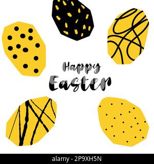 Happy Easter stilisierte Textur ostereier Illustration im Schnittstil Gelb schwarz isoliert auf Weiß Stock Vektor