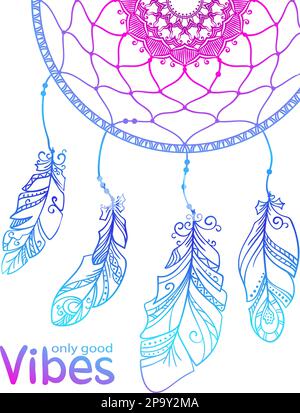 Kartendesign mit handgezogenem Talisman-Traumfänger und inspirierenden Buchstaben nur gute Vibes, ethnischer Boho-Vorlagenvektor Stock Vektor