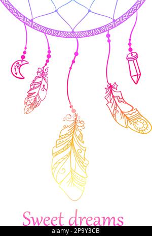 Kartendesign mit handgezogenem Talisman-Traumfänger und inspirierenden Buchstaben süße Träume, Boho-Vorlagenvektor Stock Vektor