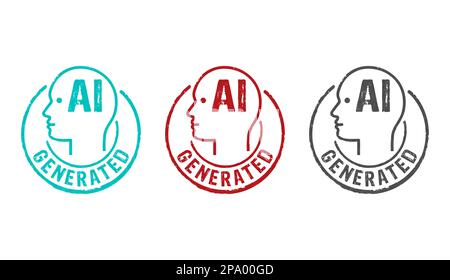 Von AI generierte Stempelsymbole in wenigen Farbversionen. Künstliche Intelligenz Inhalt und Automatisierungstechnologie Konzept 3D-Darstellung. Stockfoto