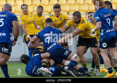 Wellington, Neuseeland. 11. März 2023. Dalton Papaili (Auckland Blues 7) sieht aus, als würde es auf den Punkt kommen. Wellington Hurricanes gegen Auckland Blues im Sky Sport Stadium in Wellington, Neuseeland. Super Rugby. Blues gewinnt 25:19. (Joe Serci - SPP) Kredit: SPP Sport Press Photo. Alamy Live News Stockfoto