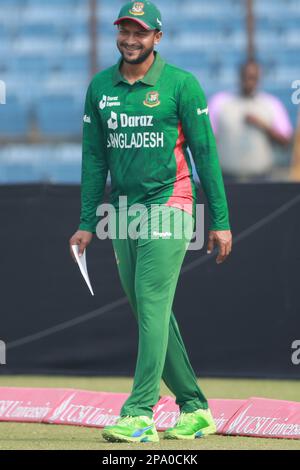 Tiger Captain Shakib Al Hasan während des 1. T20I. Spiels von drei Spielserien in Bangladesh-England im Zahur Ahmed Chowdhury Cricket Stadium, Sagorika, Chatt Stockfoto