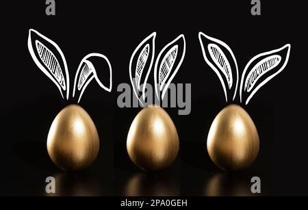 Frohe Ostern, Kaninchenohren, goldene Eier. Stockfoto