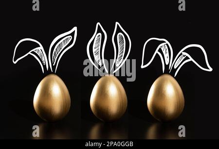 Frohe Ostern, Kaninchenohren, goldene Eier. Stockfoto