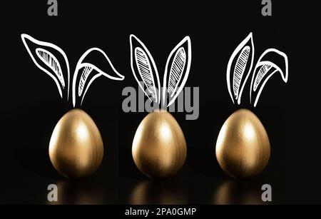 Frohe Ostern, Kaninchenohren, goldene Eier. Stockfoto