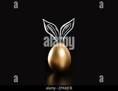 Frohe Ostern, Kaninchenohren, goldene Eier. Stockfoto